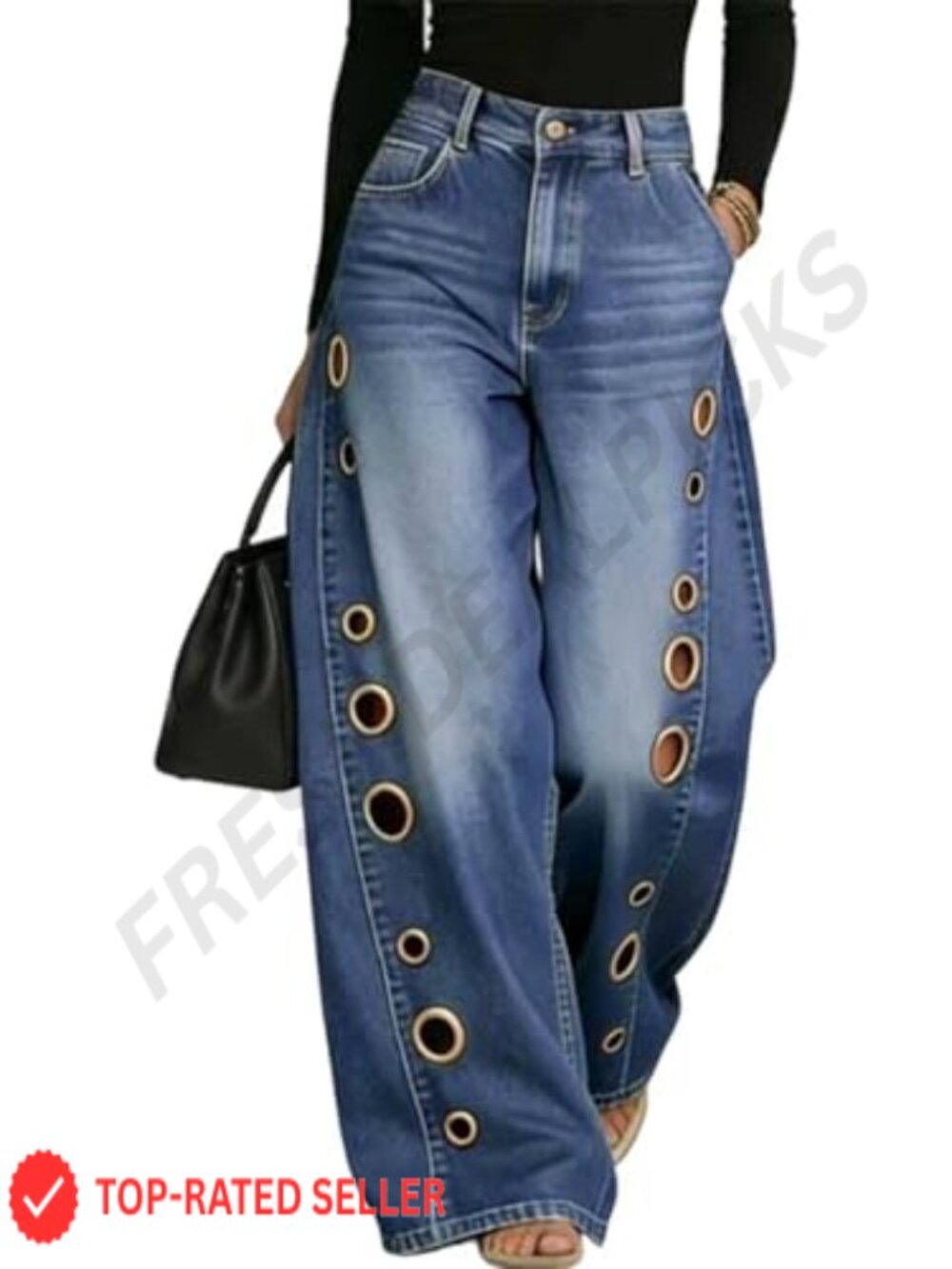 High Waisted Wide Leg Jeans with Metal Eyelet Cutouts, Baggy Y2K Denim Pants
